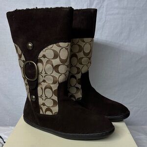 Coach Brown Suede & Signature Canvas Mid-Calf Boots